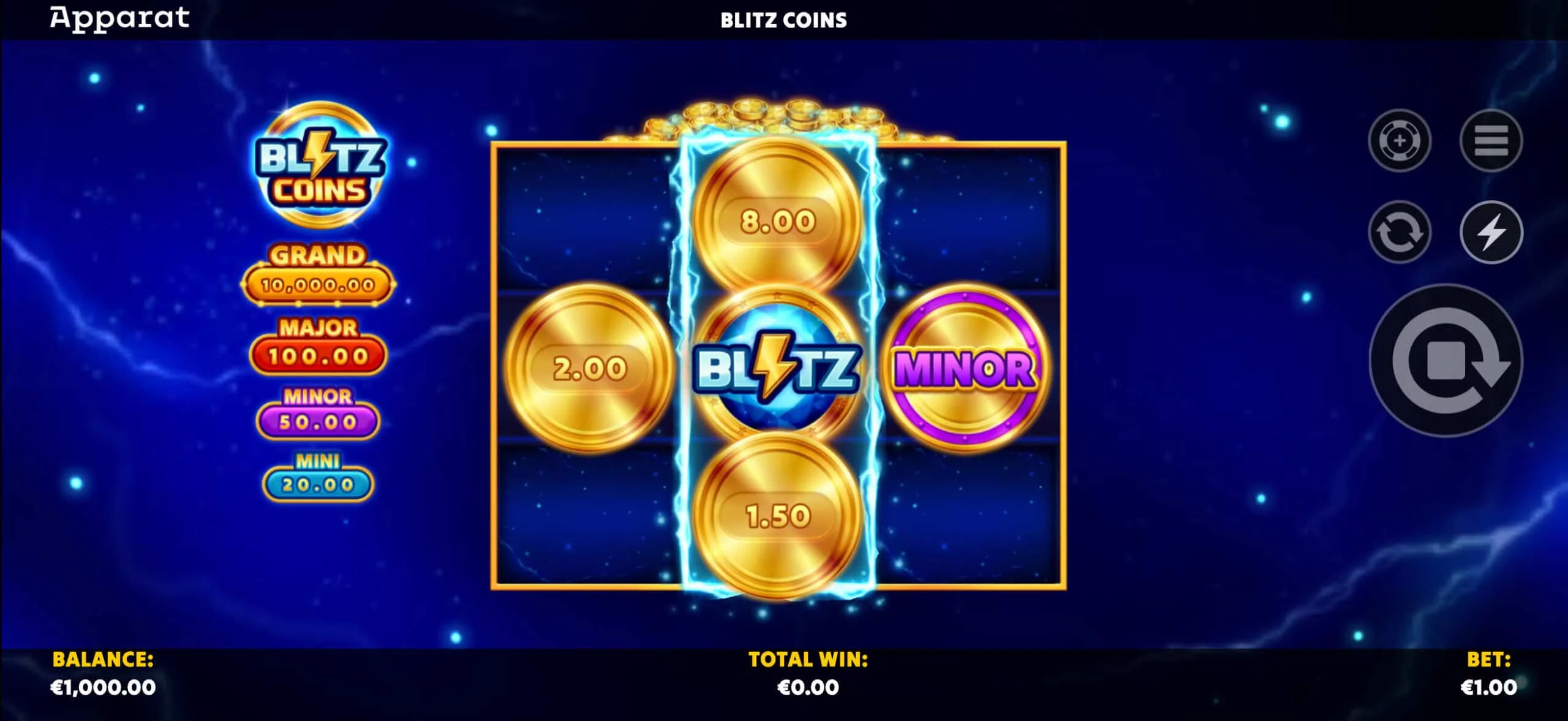 Blitz Coins gameplay screenshot — 3x3 grid with Hold and Spin power-up coins